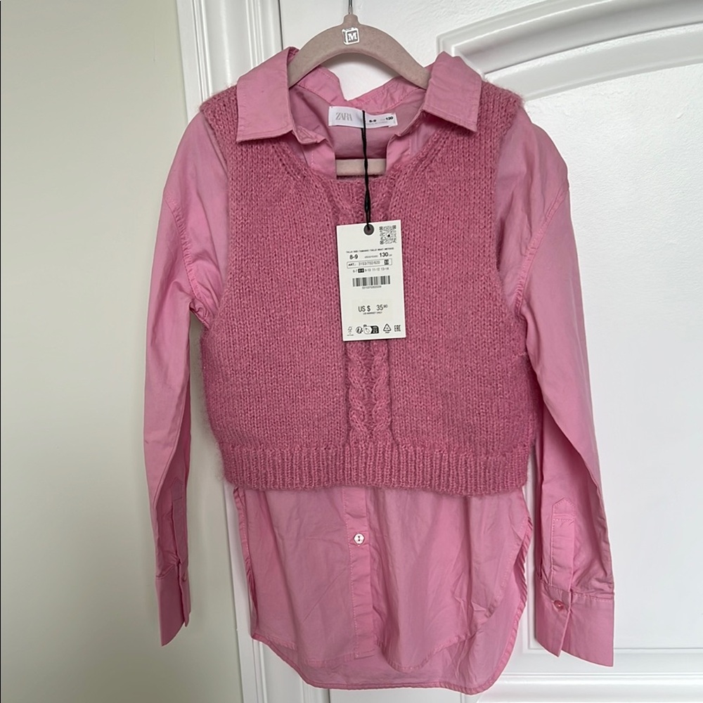 Zara Kids Pink Knit Vest Over Shirt - Girls